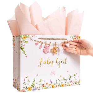 lot 2399 image: Crisky 13 Large Baby Shower Gift Bag with Tissue Paper, Gift Card and Bow for Baby Shower Decorations for Girl Kids Birthday Gifts(Features a Babysuit Banner and Pink Bow)