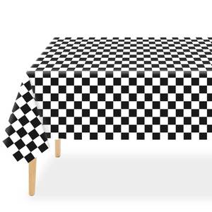 lot 2400 image: QIKSION Checkered Tablecloth Disposable 2 Pack, 54 x 108 Inch Black and White Checkered Flag Table Cloth for Race Car Decorations, Birthday Party Supplies, Rectangle, Plastic Table Cover