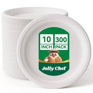 lot 2427 image: JOLLY CHEF Compostable Heavy Duty Plates  Eco-Friendly Disposable White Uncoated Paper Plates Bagasse Sugarcane Biodegradable for Hot Cold Food Party Dinner Weddings