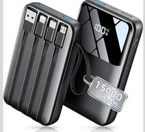lot 2458 image: Power Bank, 15000mAh Portable Charger with Built in Cable, 22.5W Fast Charging, 6 Outputs, Slim Travel Essential Battery Pack with LED Display, Compatible with iPhone 1716151413, iPad Black