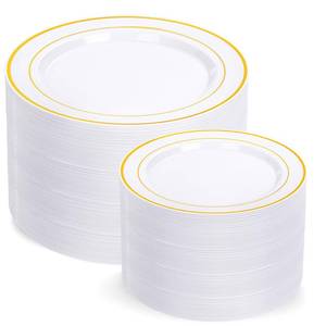 lot 2461 image: 200 Pcs Gold Plastic Plates - Disposable Party Plates Include 100 Dinner Plate and 100 Elegant Dessert Plate Perfect for Party, Holiday, Wedding &amp Birthday