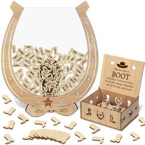 lot 2472 image: Cinnvoice Wedding Guest Book Alternative, Wooden Western Cowboy Wedding Decorations for Reception Wedding Guest Book Drop Box with 100 Cowboy Boots Sign(Horse Iron Hoof)