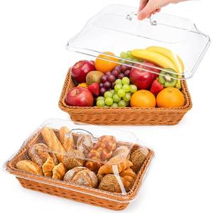 lot 2474 image: DEAYOU 2 Pack Imitation Rattan Bread Basket with Lid, Woven Tabletop Food Serving Basket, Poly-Wicker Fruit Basket for Vegetable, Restaurant, Display, Kitchen, Party, Rectangle, 13.8 L x 9.8 W