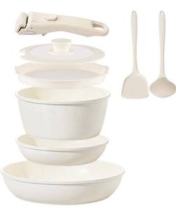 lot 2476 image: Ceramic Cookware Set Non Stick 8Pcs Pots and Pans Set Detachable Handle Induction Kitchen Cooking Set with Frying Pans Oven Dishwasher Safe, PFASPFOA Free, Cream White