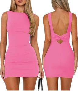 lot 2531 image: MIYIEONZ Womens Boat Neck Dresses Backless Knotted Casual Summer Beach Club Party Wedding Guest Bodycon Mini Dress L