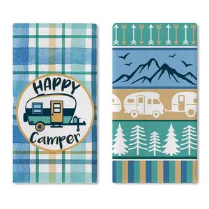 lot 2535 image: Croar Happy Camper Kitchen Dish Towels Set of 2, Camping RV Adventure Travel Mountain Tree Drying Hand Towel Baking Cooking Cloth, Campsite Buffalo Plaid Bathroom Home Decoration 18 x 26