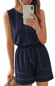 lot 2536 image: Theenkoln Womens Summer Sleeveless RompersCrewneck Adjustable Drawstring Waistband Beach Casual Outfits with Pockets Navy Blue XLarge