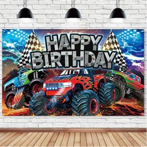 lot 2549 image: Monster Truck Birthday Backdrop, 5.9x3.6Ft Happy Birthday Banner for Truck Theme Party Decorations Monster Car Photography Background Racing Car Vehicle Jam Boys Decors Photo Booth Studio
