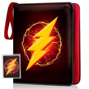 lot 2557 image: Trading Card Binder 9 Pocket 900 Card Capacity, Zipper &amp Handle, PU Leather Album, 3-Ring Binder with 50 Sleeves for TCG Cards, Fits Stanrd Card size Custom Thunderbolth Design.