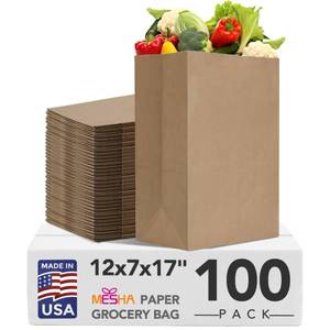 lot 2563 image: MESHA Paper Grocery Bags 12 x 7 x 17 Inches, 100 Pack Heavy Duty 60 lb Kraft Brown Paper Bags Bulk, Large Grocery Sacks for Shopping, Takeout, Restaurant, Retail, Storage and DIY Crafts