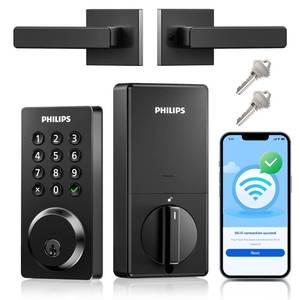 lot 2587 image: Philips WiFi Smart Door Lock with Handle, Built-in WiFi App Remote Control, Keyless Entry Door Locks for Front Door, Smart Deadbolt Auto Lock, Support Alexa & Google, IP54 Waterproof, Matte Black