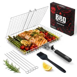 lot 2596 image: SHIZZO Grill Basket Gift Set - Removable Wooden Handle - Non-Stick Stainless Steel, BBQ Grilling Rack for Fish, Shrimp, Vegetables - Camping & Outdoor Smoker Accessories, Gifts for Dad, Husband