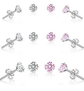 lot 2631 image: 6 Pairs 925 Sterling Silver Stud Earrings Pack for Women White and Pink Cubic Zirconia Diamond Tragus Cartilage Earring Hypoallergenic Jewelry