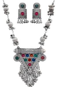 lot 2640 image: Designer Statement Afghani Antique Oxidised Silver Indian Party Ethnic Tassel Ghungroo Bells Tribal Gypsy Necklace Jewelry Set Women