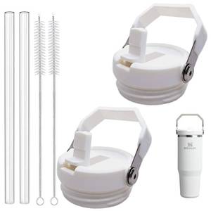 lot 2660 image: 2-Pack Replacement Flip Straw Lids for Stanley IceFlow Tumbler 30oz and 20oz, Spill-Proof Cap with 2 Reusable Straws & 2 Cleaning Brushes, BPA-Free, Easy to Clean(White)