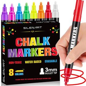 lot 2661 image: SILENART Liquid Chalk Markers - 8 Vibrant Colors - Chalkboard Markers for Blackboard Glass Window Car Dry Erase Board Acrylic Calendar Board Whiteboard- Wet Erase