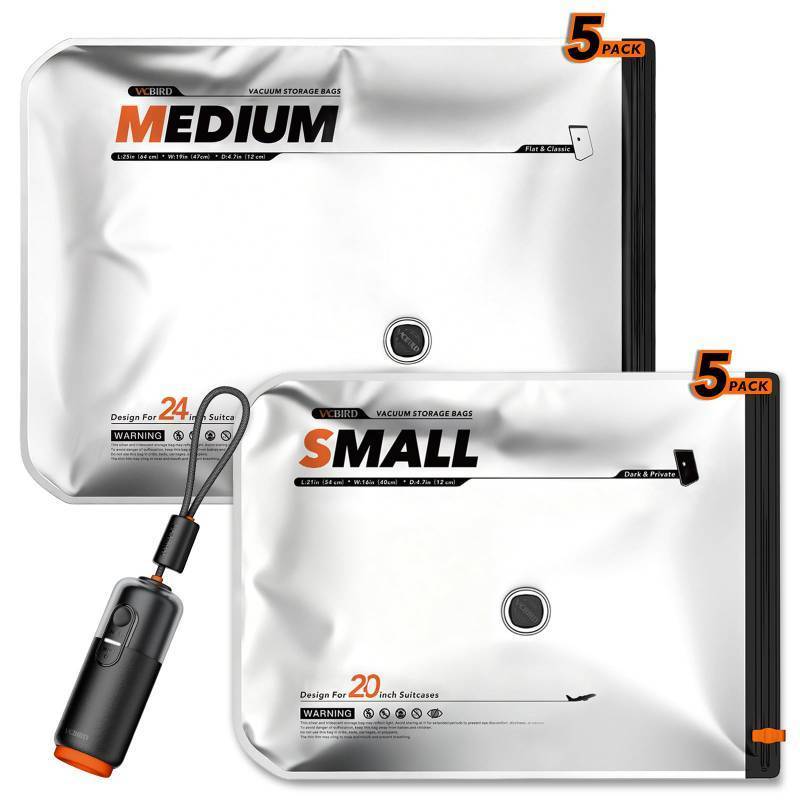 lot 5158 image: Vacbird 10 Pack Vacuum Bags for Travel with USB &amp Battery 2-in-1 Rechargeable Air Pump, Vacuum Seal Compression Packing Bags for Luggage
