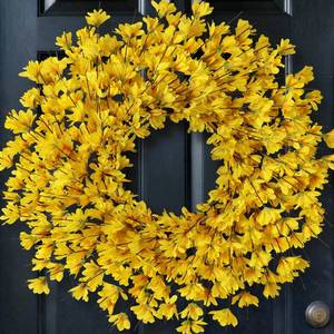 lot 3129 image: 24 Inch Artificial Yellow Forsythia Wreath for Front Door, Large Faux Forsythia Wreath Spring Summer Flower for Fireplace Farmhouse Wall Window Home Outdoor Decorations (Yellow)