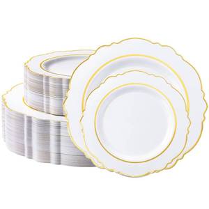 lot 3133 image: realluck 100PCS White and Gold Plastic Plates, Elegant Disposable Party Plates - 50 Dinner & 50 Dessert Plates, fancy plastic plates for Wedding, Anniversary