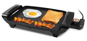 lot 3139 image: Elite Gourmet EGR2722A Electric 10.5 x 8.5 Griddle, Cool-touch Handles Non-Stick Surface, RemovableAdjustable Thermostat, Skid Free-Rubber Feet, Black