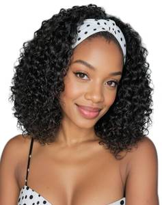 lot 3152 image: QUEENTAS 12 Inch Deep Wave Headband Wig for Black Women Glueless Wear and Go Heat Resistant Synthetic Hair, Shoulder Length Bob for Daily Use Dating,1B Natural Black