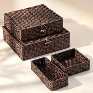lot 3222 image: Newtay Set of 4 Woven Wicker Storage Baskets with Lids, Decorative Storage Boxes Lidded Rattan Organizer Bin Home Decor(Plastic,Brown)