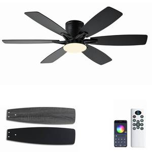 lot 3234 image: 52inch Black Ceiling Fans with Lights and RemoteApp Control, Low Profile Ceiling Fan with Light and 6 Double-Side blades, Flush Mount, LEDRGB Dimmable DC Reversible Modern Ceiling Fan for Bedroom