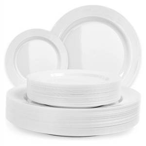 lot 3249 image: Ayas 60 Pack Plastic Plates for Party - Heavy Duty Disposable Plate Set with 30 Dinner and 30 Salad Plates - Durable Round White