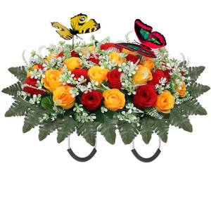 lot 3267 image: Artificial Cemetery Flowers for Grave,Large Headstone Flower Saddle Realistic Grave Flowers Memorial Silk Rose Flowers with Butterflies for Headstone Grave Decoration Non-Fading Easy Fit (Red Yellow)