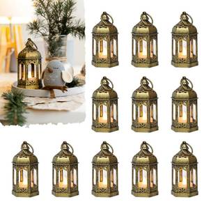 lot 3269 image: Reperla Mini Moroccan Lanterns with Flicker LED Candles Set of 12, Gold Vintage Decorative Hanging Lanterns for Ramadan, Christmas, Halloween, Wedding, Party, Table Centerpiece, ABS Plastic and Glass