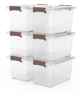 lot 3272 image: WYT 6-Pack Clear 7 Quart Storage Latch BoxBins, Plastic Stackable Latching Box with Brown Handle and Lid, Multi-Purpose, 7 Litre