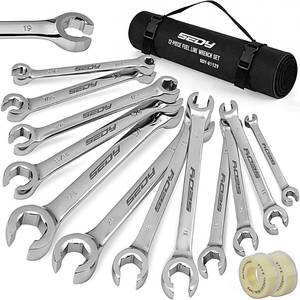 lot 3311 image: SEDY 14-Piece Flare Nut Wrench Set with PTFE Tape, Metric & SAE Brake Line Wrench Offset 14-78& 9-21mm Set Double Open End with Organizer Pouch for Repairing and Removing Nuts