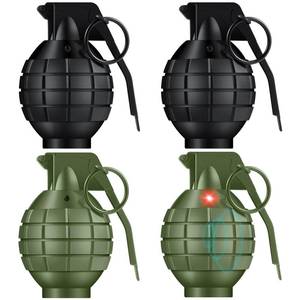 lot 3328 image: Sratte 4 Pcs Toy Hand Grenades with Realistic Sound Effects and Flashing Light, Plastic Fake Grenades Military for Army Role Play Prop (Green,Black)