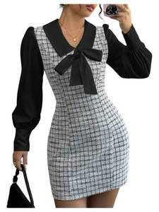 lot 3359 image: Floerns Womens Elegant Plaid Tweed Dress Bow Front Lantern Long Sleeve 2 in 1 Mini Houndstooth Dresses Black Medium