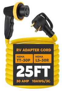 lot 3404 image: 25ft 30 Amp RV Adapter RV Extension Cord with Locking Connector Plug NEMA TT-30P to L5-30R, Generator Extension Power Cord Adapter Plug with 90° Grip Handle, 10AWG3C STW, ETL Listed