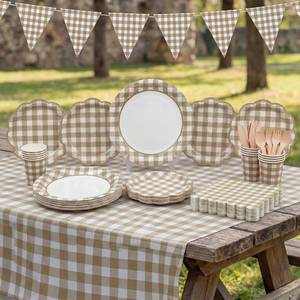 lot 3405 image: Yungyan 202 Pcs Khaki White Gingham Party Supplies Set Disposable Tableware with Plates Napkins Cups Cutlery Tablecloth and Triangle Banner for Picnic BBQ Birthday Mothers Day Party, Serve 25