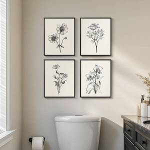 lot 3406 image: Framed Black and White Bathroom Wall Art, 4 Piece Vintage Floral Canvas Prints Artwork for Farmhouse, Rustic Minimalist Flower Botanical Pictures for Bedroom Living Room Wall Decor, 8x10x4 (Pack)