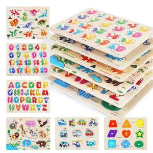 lot 3433 image: GRINNNIE Wooden Peg Puzzle for Toddlers, 6 Pack Toddler Puzzles Set for 3 4 5 Years Old (Alphabet Number Shape Animal Dinosaur Vehicle), Preschool Education Learning Puzzle Toys for Girls and Boys