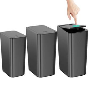 lot 3533 image: N. NETDOT Bathroom Trash Can with Lid 3 Pack Set, 2 Packs 4 Gal Slim Kitchen Trash Bin and 1 Pack 2.6Gal Garbage Can, Small Trash CanTrash BinWaste Basket for Bedroom (Black, Pack of 3)