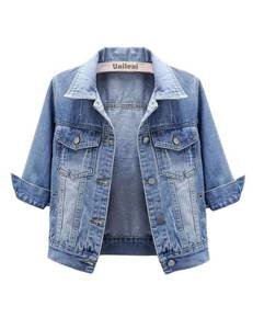 lot 3534 image: Unilexi Womens 34 Sleeve Colored Cropped Denim Jacket Light Wash Short Jean Jacket Trucker Coat(0096-LightBlue-XL)
