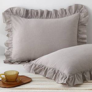 lot 3536 image: Aryeleay 2 Pack Brown White Plaid Gingham Ruffle Pillow Shams Standard Size, 100% Washed Cotton Checkered Farmhouse Pillow Covers for BedSofa-20 x26