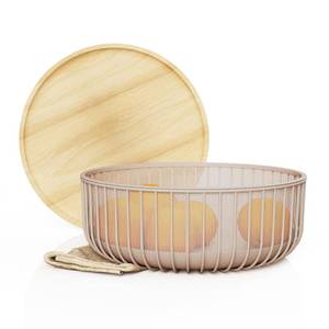 lot 3547 image: LIBKEN Metal Fruit Bowl Basket with Wooden Lid - Fruit and Vegetable Holder For Kitchen Counter - Countertop Display Baskets Organizer - Bowl Storage for Veggie, Fruits, Snack, and Banana - Peach