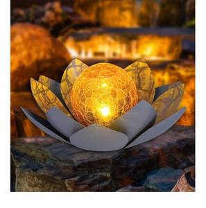 lot 3557 image: Garden Solar Light Outdoor, Amber Crackle Globe Glass Lotus Decoration