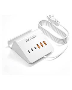 lot 3588 image: VHBW USB Charging Station, 6 Port 3USB-A and 3USB-C Charging Station for Multiple Devices, Multi USB Nightstand Charger Station with Phone Stand (ETL Listed, 6Ft Extension Cord, White)