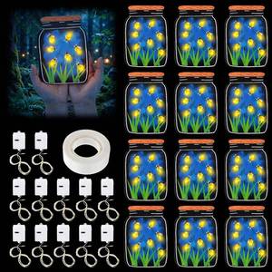 lot 3602 image: Motipuns 12 Sets Summer Camping DIY Firefly Crafts with LED Lights 12 Mason Jar of Fireflies Sticker 12 Fairy Light Battery Operated and 1 Roll of Adhesive
