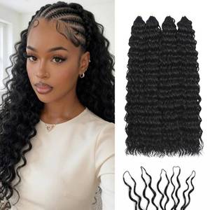 lot 3612 image: Miracle Knots Feather Crochet Hair (Deep Wave) - 14 Hand-Tied Synthetic Extensions, 100 Strands Soft Cotton Core Glue-Free Knotless Hair Pieces (Natural Black)