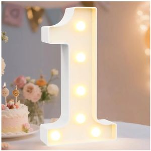lot 17328 image: Decorative Led Light Up Number Letters, White Plastic Marquee Number Lights Sign Party Wedding Decor Battery Operated Number (1) - Retail $10