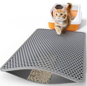 lot 17340 image: Cat Litter Mat - 23 12 x 14 12 Litter Box Mat with Double Layers, Urine-Proof and Non-Slip Litter Trapping Mat, Easy to Clean Kitty Litter Mats for Floor, Scatter Control, Grey - Retail $20