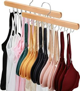 lot 17351 image: 2 Pack Bra Hanger for Closet Organizer, Premium Wooden Tank Top Hangers with 36 Foldable Hooks, 360° Rotating Design, Space Saving Storage for Tank Tops, Bras, Scarves and More - Retail $10