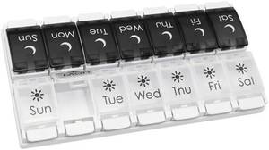 lot 17358 image: EZY DOSE Push Button (7-Day) Pill Case, Medicine Planner, Vitamin Organizer, 2 Times a Day AMPM, Removable Trays, Large Compartments, Arthritis Friendly, Spring Open Black and White Lids, BPA Free - Retail $10